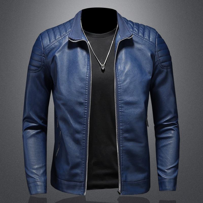 Standing collar leather jacket