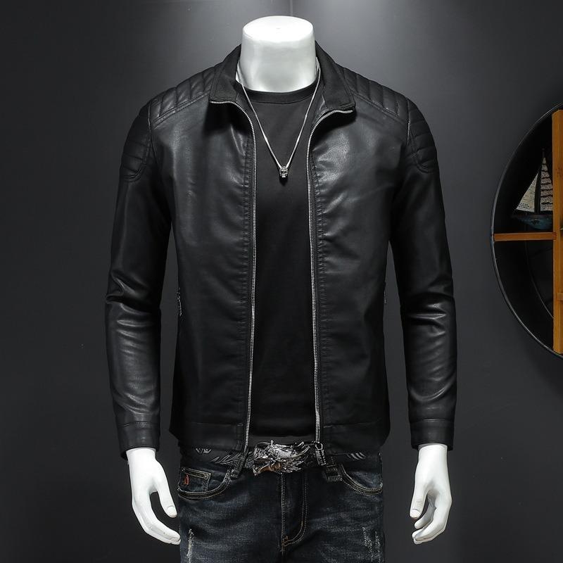 Standing collar leather jacket