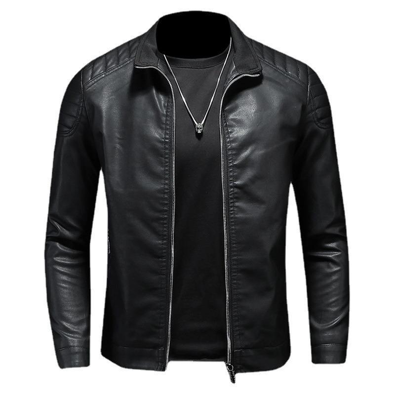 Standing collar leather jacket