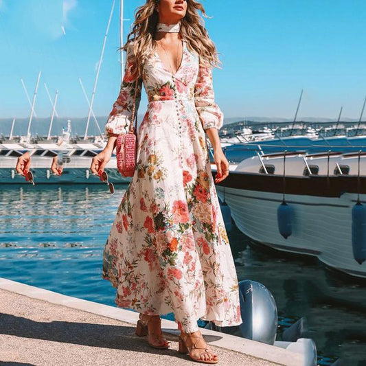 Neck Floral Maxi Dress