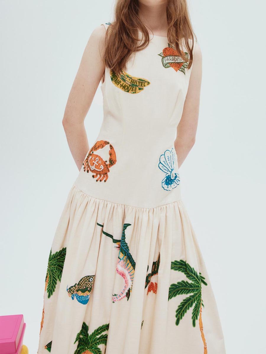 Embroidered Printed Sleeveless Drop Waist Dress