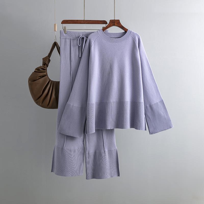 Fashion Trumpet Sleeve Round Neck Slit Loose Knitted Suit